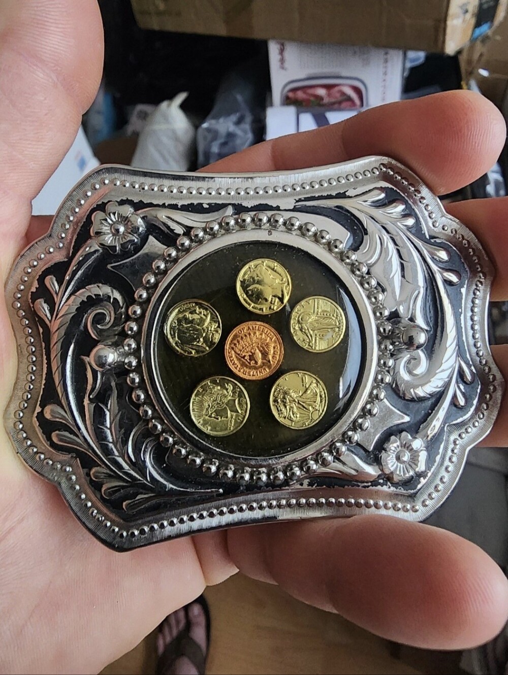 Vintage Western/Countey Silver Plated Belt Buckle with Coin Inserts